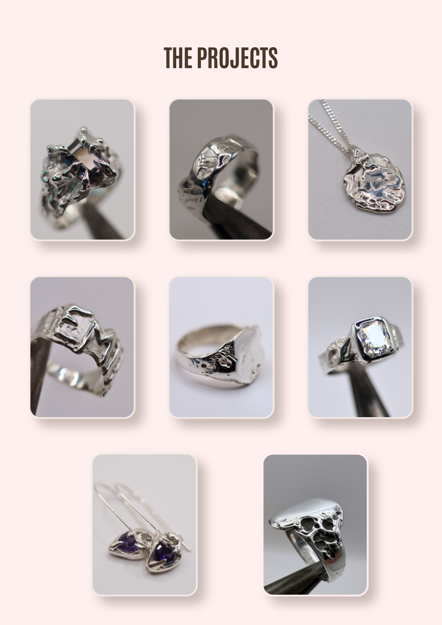 Handmade silver rings pendants and earrings made using lost wax carving, Metal Bones jewellery course projects