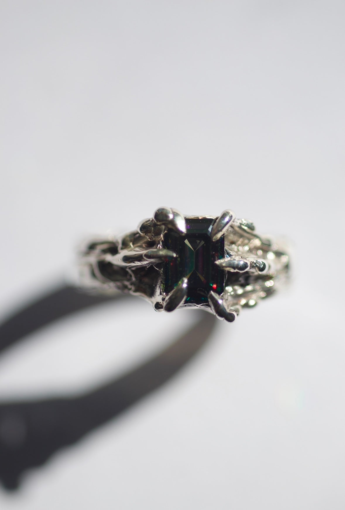 Bold sculptural alternative silver ring Violet design lost wax cast with rainbow moissanite and sharp dragon-style molten claws
