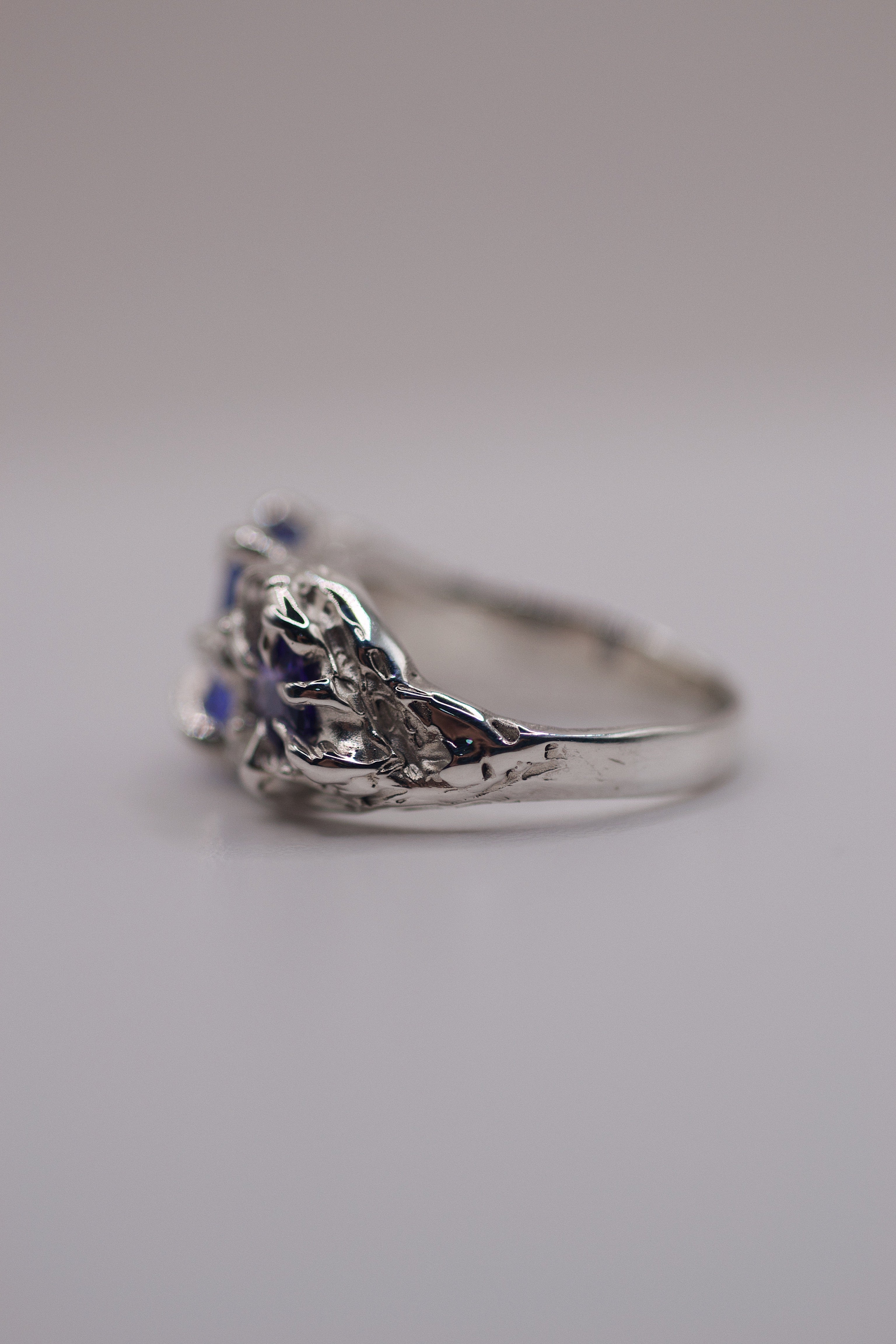 Unique dark romantic silver ring Wilted design lost wax cast in recycled sterling silver with purple tourmaline and gothic inspired claws